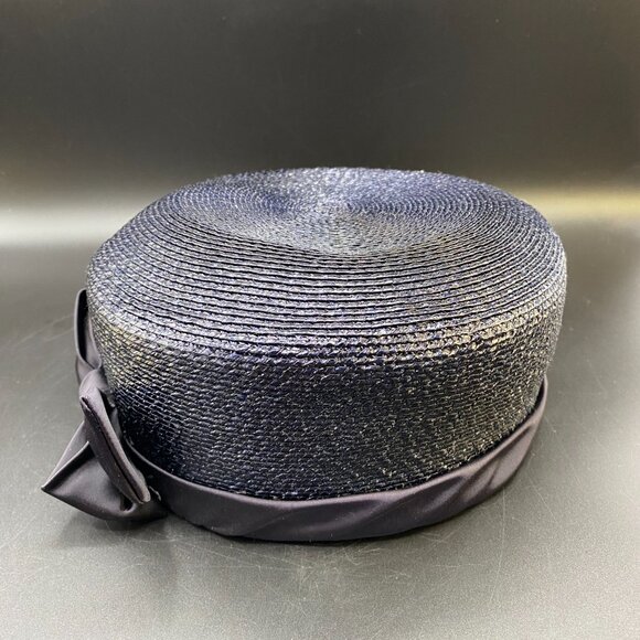Vintage Darcel Pill Box Straw Hat Large Ribbon Trim Black Made in VTG USA - Picture 6 of 13